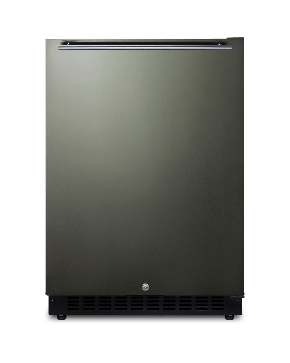Built-in undercounter ADA compliant all-refrigerator with black stainless steel door, horizontal handle, black cabinet, door storage, and digital controls